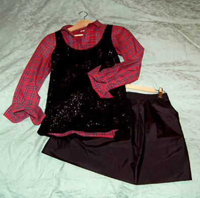 sparkily tank, plaid shirt, and skirt