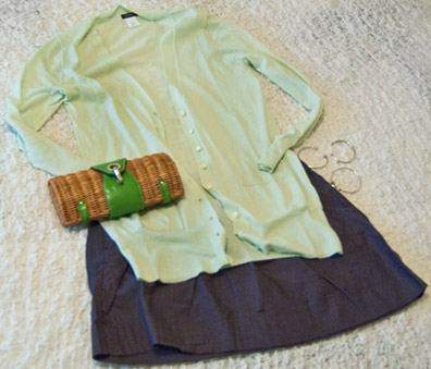 lime green sweater and blue skirt from J. Crew